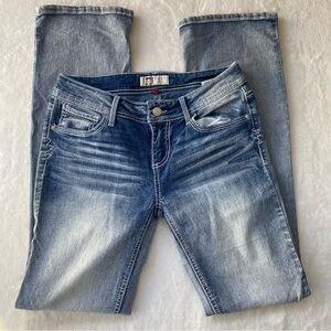 LEI Women's Low Rise Slim Boot Jeans Light Blue Size 5 Ashley Bling bedazzled